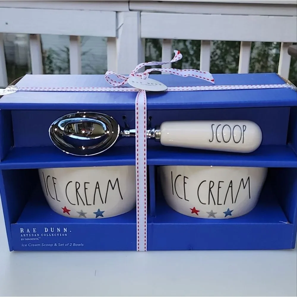 Rae Dunn Ice Cream Scoop And Two Ceramic Bowls Set of 3pcs Patriotic Celebration
